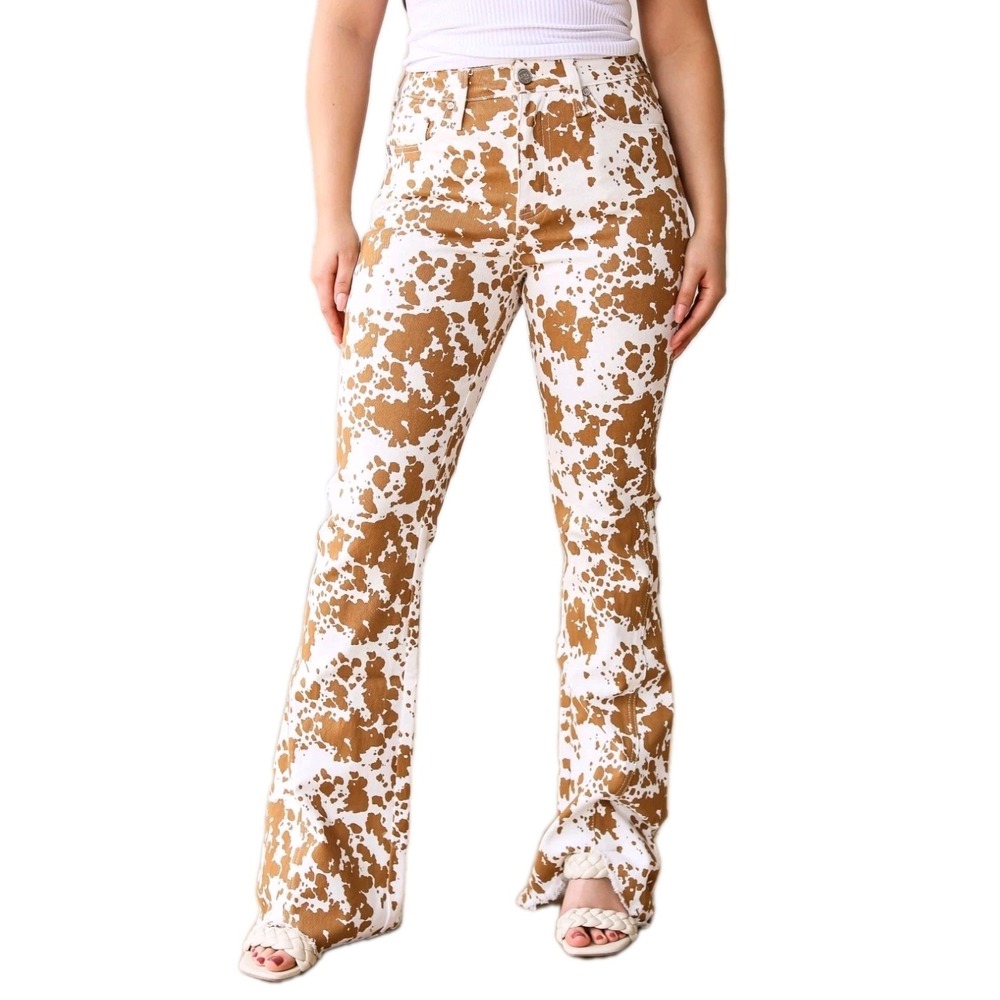 Women's Brown White Cow Print‎ High Waisted Flare Jeans Pants Size 18 Western